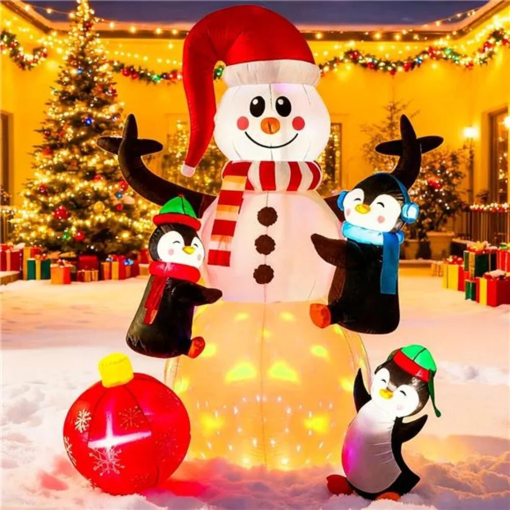 6FT Christmas Inflatable Snowman w/ Penguin Blow Up Yard with Built-inLED Light